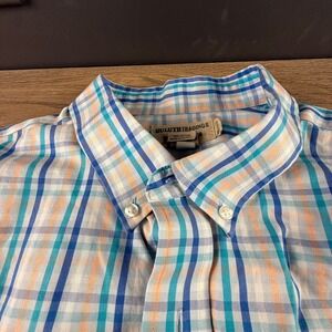 Duluth Trading Co Wrinklefighter Shirt Mens XL Tall Blue Teal Plaid Relaxed Fit